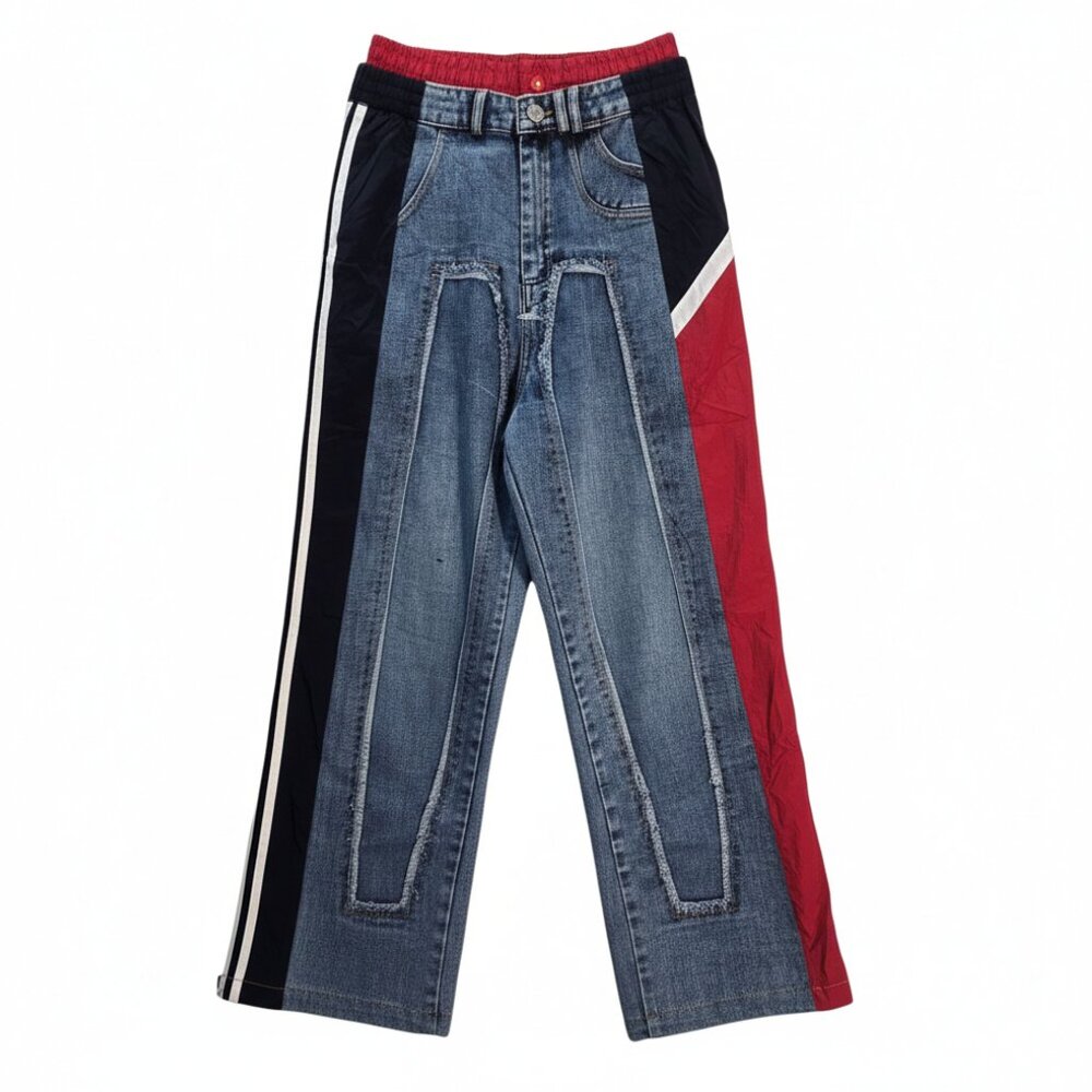NWOT | Mixed-Media Denim & Windbreaker Joggers | Red & Navy | Medium